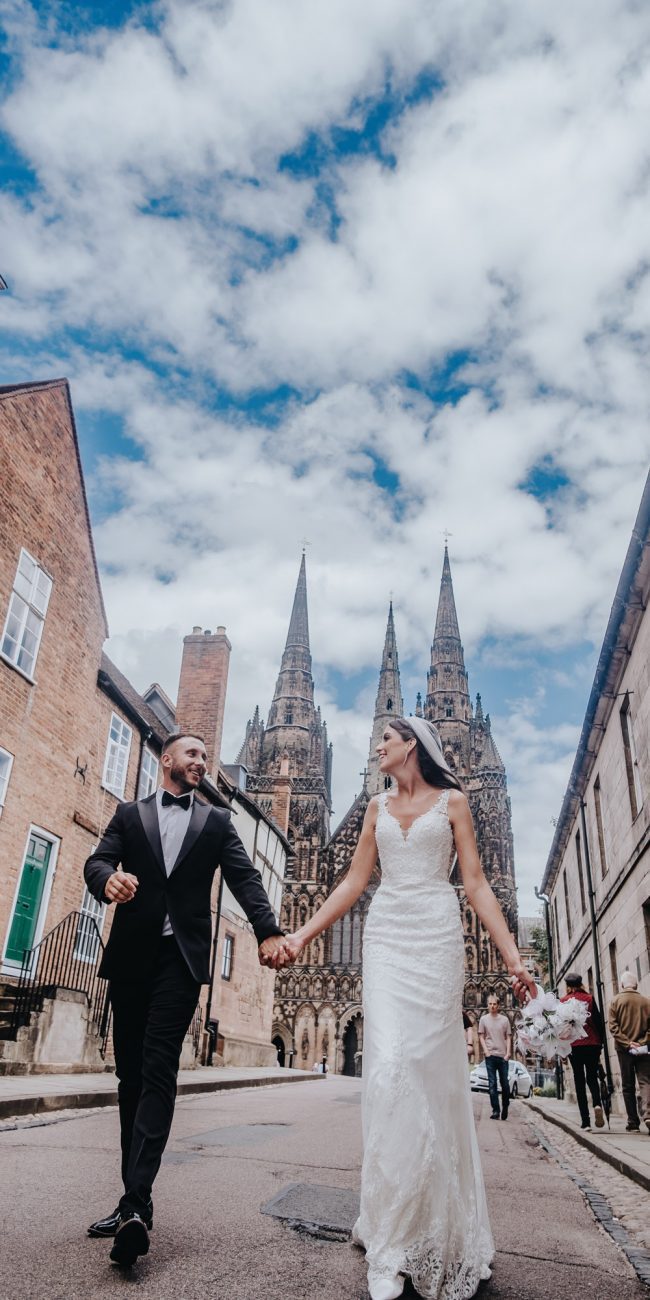 Bride and Groom portrait outside Lichfield Cathedral